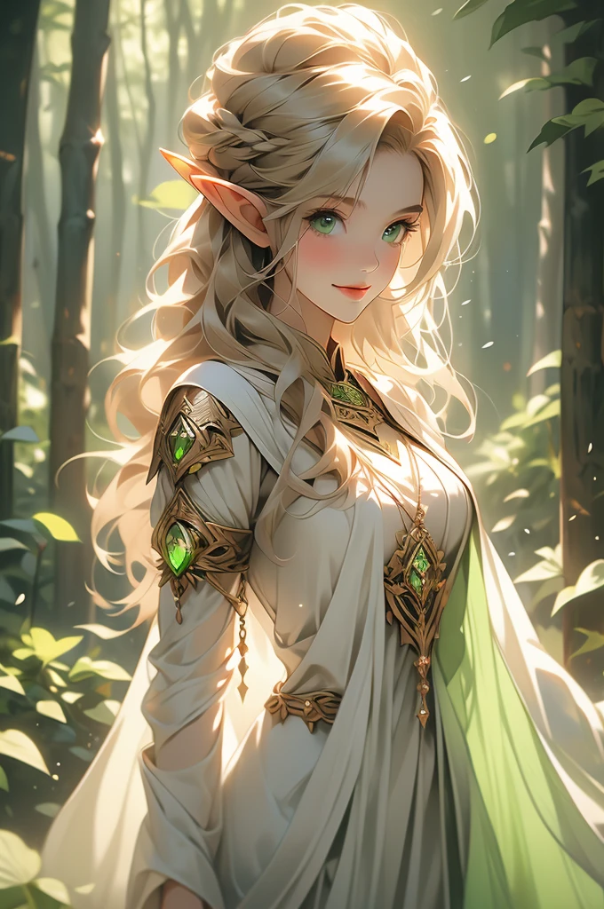1 girl, elf, priestess, slender, smiling, green eyes, blonde, translucent revealing dress, cleric, priestess, looking down at viewer, forest background