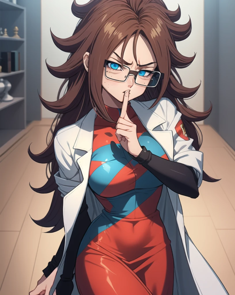 1 girl, android 21, dragon ball fighter Z, masterpiece, 4k, long whavy brown hair, shining blue eyes, freckles, square glasses, labcoat, chess patterned dress, blue and red patterned dress, worried eyes, annoyed, finger on mouth, shushing viewer, in a corner of a apartment, bright colors