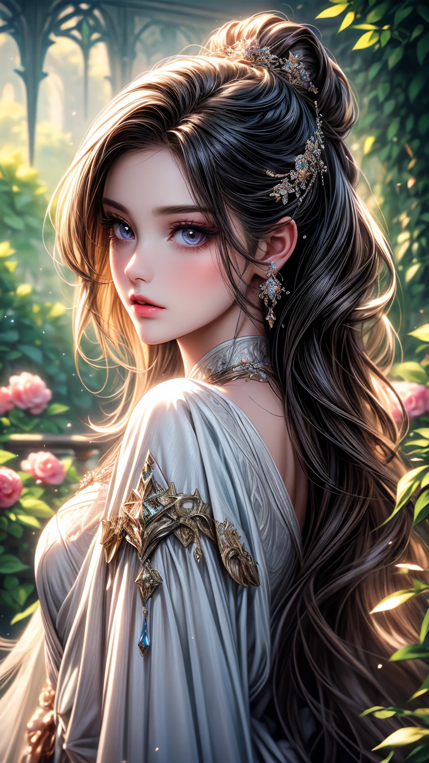 A girl in a garden,beautiful detailed eyes,beautiful detailed lips, long hair, princess styled hair, extremely detailed eyes and face,longeyelashes,illustration,ultra-detailed,best quality,4k,8k,highres,masterpiece:1.2,ultra-fine painting,sharp focus,professional,vivid colors,portraits