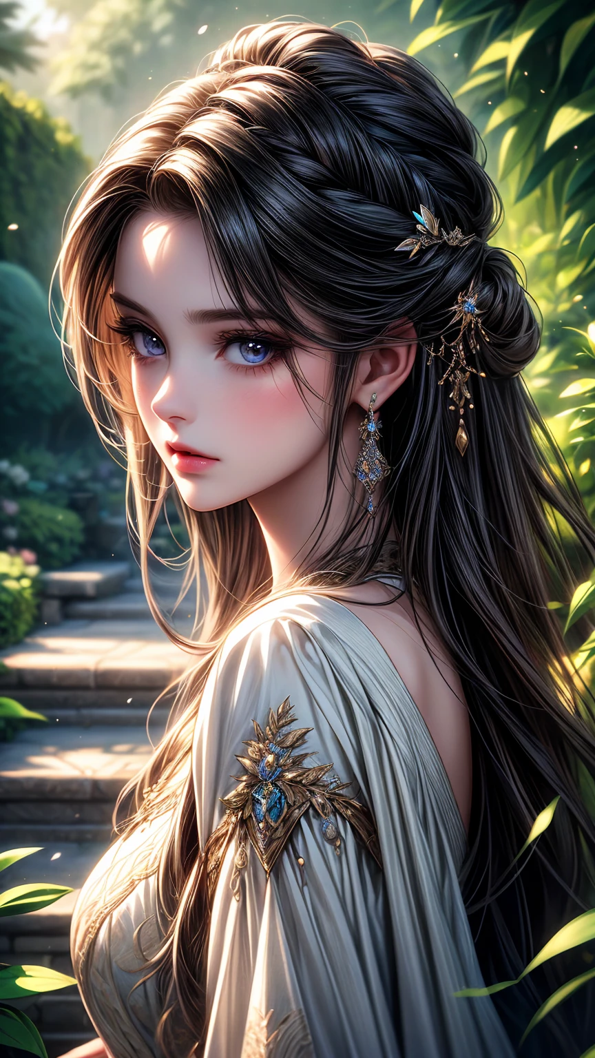 A girl in a garden,beautiful detailed eyes,beautiful detailed lips, long hair, princess styled hair, extremely detailed eyes and face,longeyelashes,illustration,ultra-detailed,best quality,4k,8k,highres,masterpiece:1.2,ultra-fine painting,sharp focus,professional,vivid colors,portraits