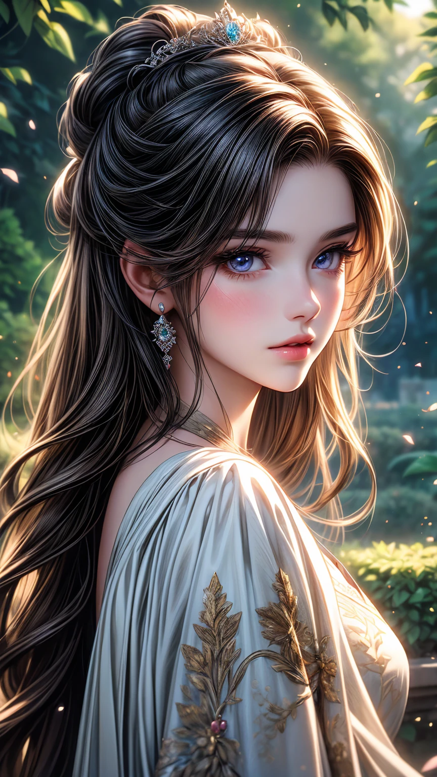 A girl in a garden,beautiful detailed eyes,beautiful detailed lips, long hair, princess styled hair, extremely detailed eyes and face,longeyelashes,illustration,ultra-detailed,best quality,4k,8k,highres,masterpiece:1.2,ultra-fine painting,sharp focus,professional,vivid colors,portraits