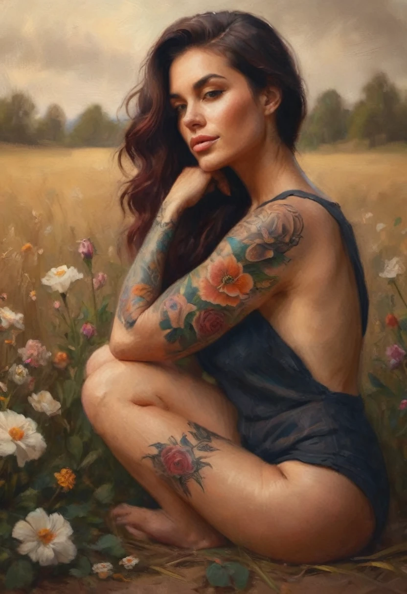 a lovely woman kneeling with flowers tattooed on her back, high quality portrait, detailed skin texture, beautiful hair, cinematic lighting, soft focus, warm color palette, photorealistic, professional photography, natural environment