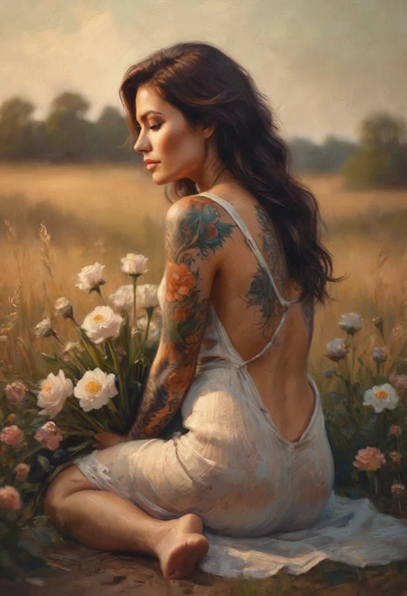 a lovely woman kneeling with flowers tattooed on her back, high quality portrait, detailed skin texture, beautiful hair, cinematic lighting, soft focus, warm color palette, photorealistic, professional photography, natural environment