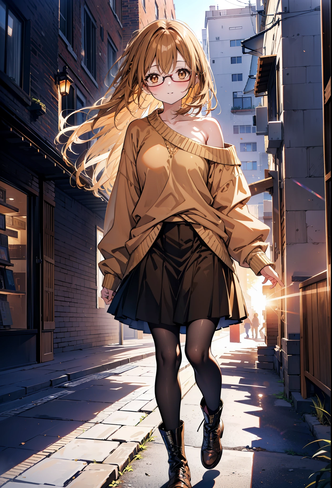 a sun ayuuki, a sun a yuuki, Brown Hair, (Brown eyes:1.8),smile,blush,Long braids,Black-rimmed glasses,Red one-shoulder sweater,Long skirt,Black pantyhose,short boots,Daytime,Clear skies,Walking,whole bodyがイラストに入るように,
break outdoors, Building district,
break looking at viewer, whole body,
break (masterpiece:1.2), Highest quality, High resolution, unity 8k wallpaper, (figure:0.8), (Beautiful attention to detail:1.6), Highly detailed face, Perfect lighting, Highly detailed CG, (Perfect hands, Perfect Anatomy),