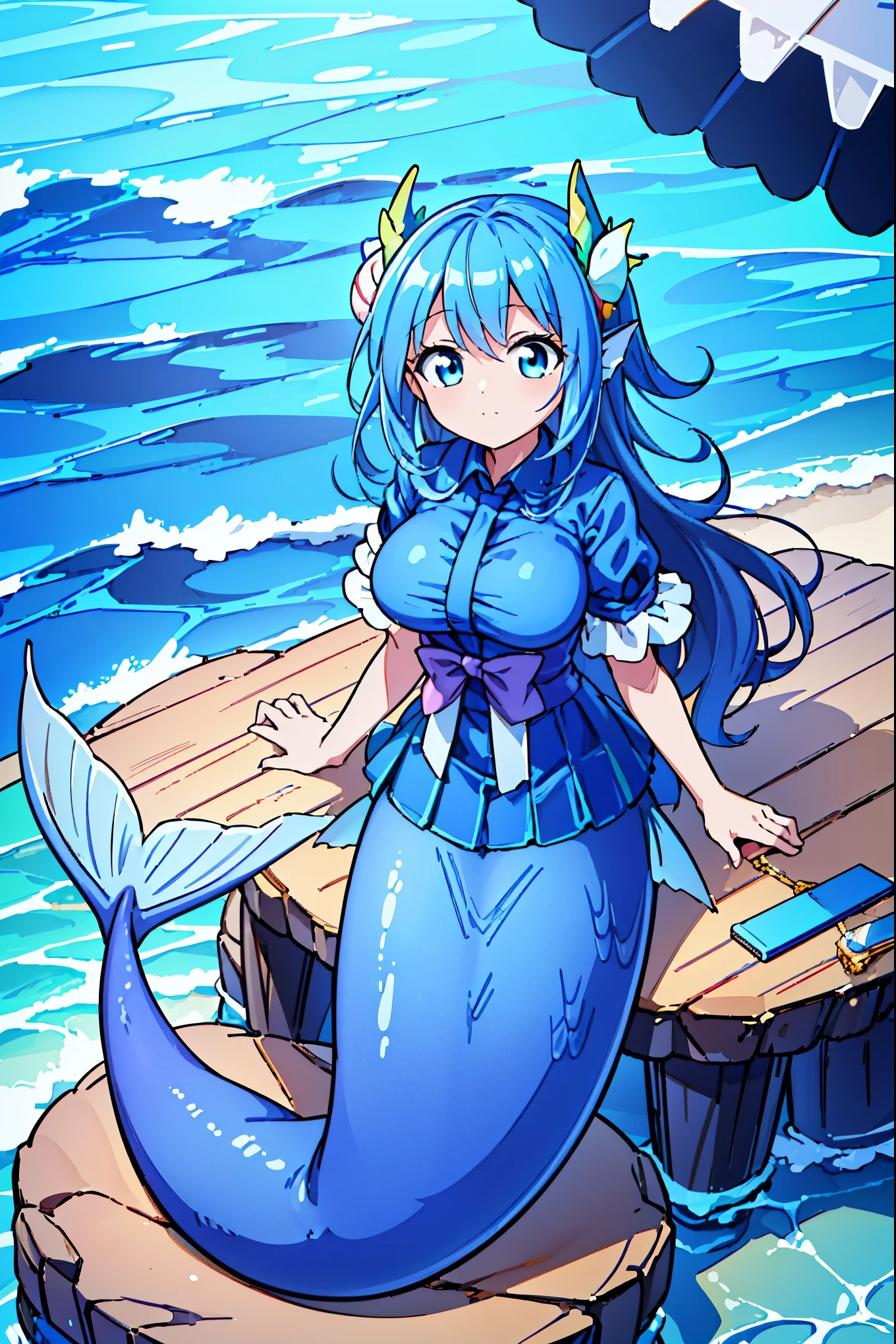 masterpiece, best quality,(Full fingers),A woman,solo,Mermaid,Large Breasts,Head fin,Blue shirt,Blue Skirt,藍色的Mermaid尾巴,full-body shot,ocean,beach,charming脸(Kawaii, charming,Soft)