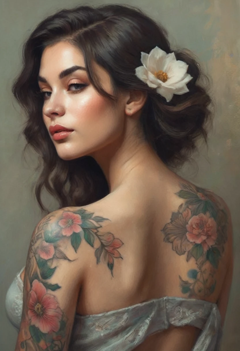 A lovely woman kneeling, back facing the viewer, flowers tattooed on her back, professional photography, beautiful detailed eyes, beautiful detailed lips, extremely detailed face and body, elegant pose, natural lighting, soft colors, cinematic composition, photorealistic, high quality, intricate details, realistic skin, lifelike, dramatic lighting, muted color palette