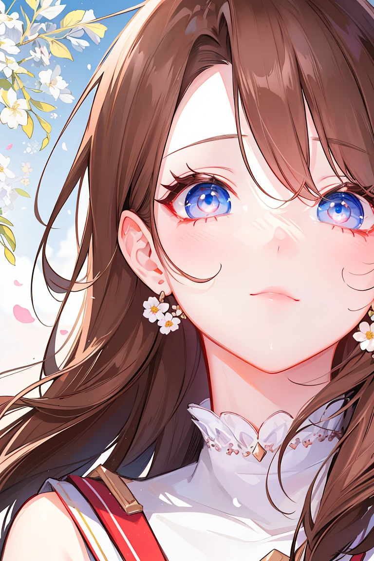 1 cool and sexy queen，1 sweet girl，Brown long hair，(Girly Style), Floral Background, romantic manga, Comic Landscape, (Instinct Alignment),, Fascinating proportions, Brown curry hair, (beautiful eyes), (Detailed student), Perfect face, Focus on the face, (Shoulder Straps), 
,Glowing skin, mascara, Long eyelashes, Perfect eyes, (Focus on the face),