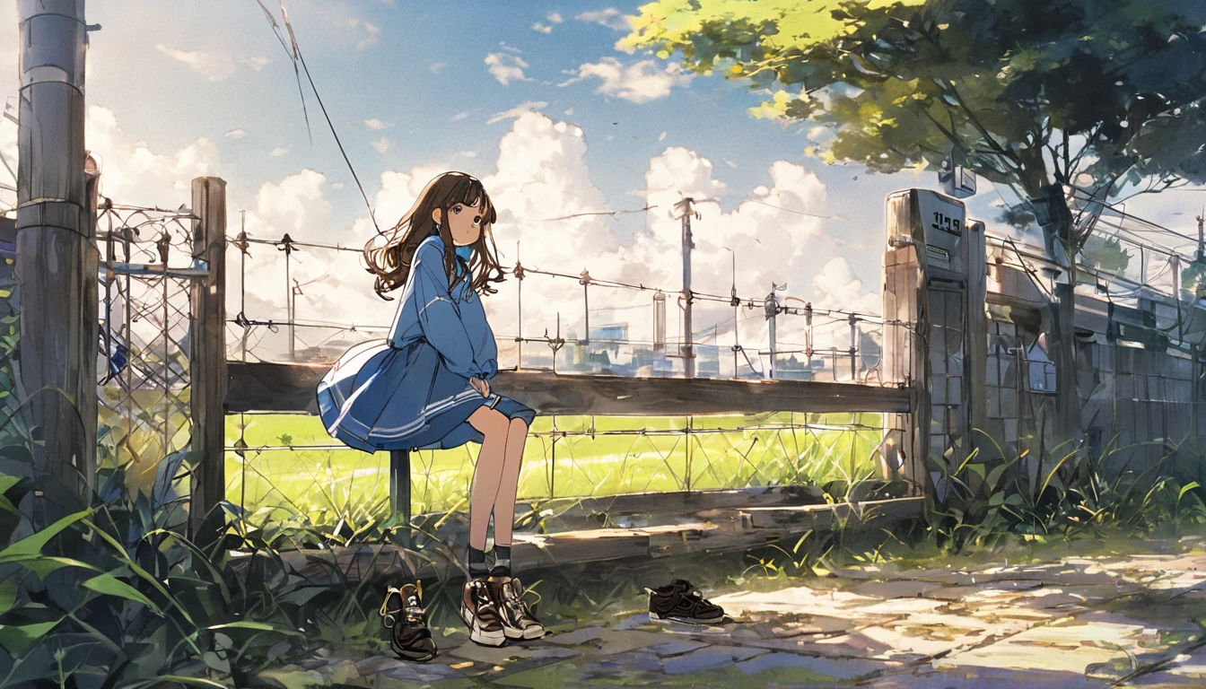 solo、1 Girl、Spot colors、Monochrome、Watching the audience、Outdoor、Grass、null、landscape、cloud、solo、Sitting、electric wire、wood、夕Day、Electric pole、skirt、shoes、曇りnull、Long sleeve、青null、fence、Wide Shot、Day、Brown Hair、building