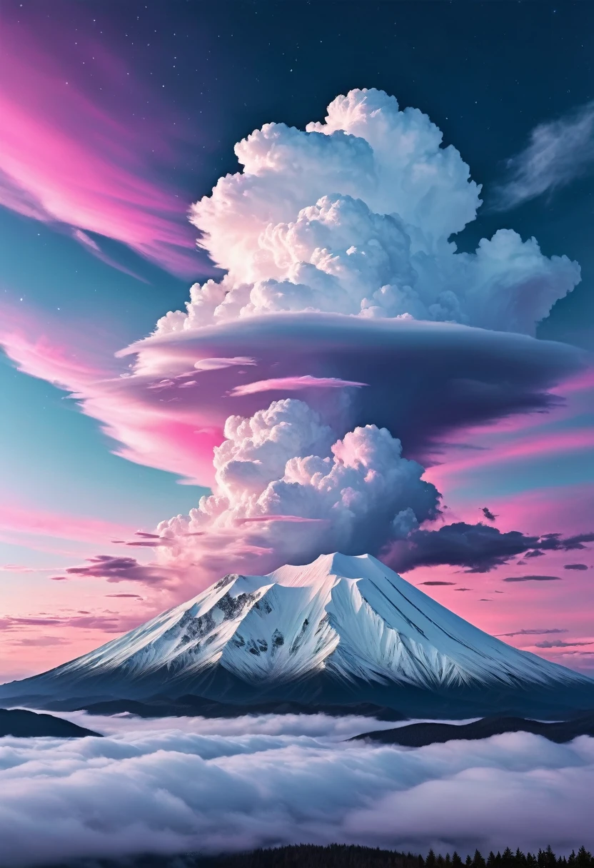 ((Masterpiece))((beautiful))((realistic))white cloud,blackpink sky with pink tourqois aurora
