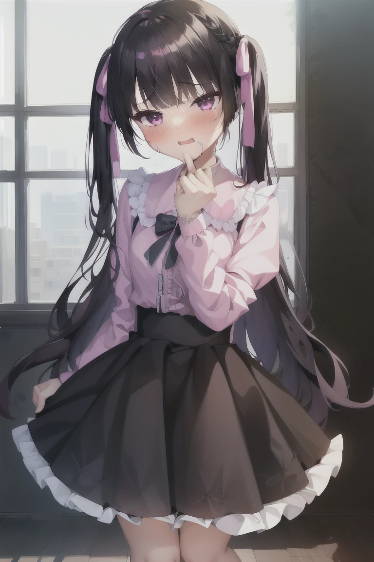 1girl,intercourse with a man,blush,1boy,standing,hetero,heart,teeth,独奏_focus,sex,from_Side,saliva,sex_from_behind,clenched_teeth,drooling,clothed_sex,arm_grab,standing_sex,skirt_lift,living_room,pussy_juice_drips_on_the_floor,long_hair,blush,bangs,skirt,shirt,black_hair,long_hari,bow,very_long_hair,purple_eyes,hair_bow,frills,puffy_sleeves,collared_shirt,black_skirt,two_Side_up,dress_shirt,black_bow,depth_of_field,lace_trim,puffy_long_sleeves,pink_shirt,emphasis_lines,jiraikei_fashion,Character portrait, whole body, expensive_solve, clear_image, expensive_Contrast, 8k, Sparkling, beautiful_detailed_face_and_eye, (Black Hair:1.25), 白 eye
