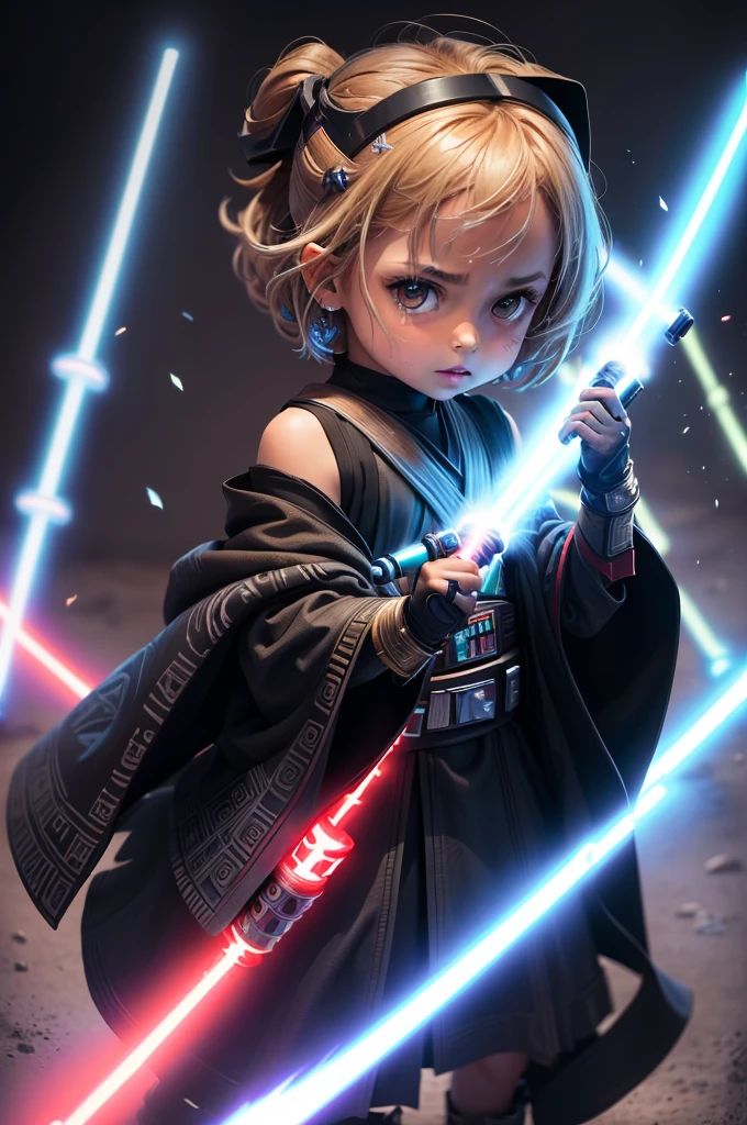 ??? jedi de star wars com darth vader do lado , cute cute , detailded , lindamente detailded, swirly vibrant colors, epic battle scene, intense lightsaber duel, dynamically possessed, glowing lightsabers, sci-fi atmosphere, dramatic lighting, painted with mastery, details Intricate, Exciting action, cinematic composition