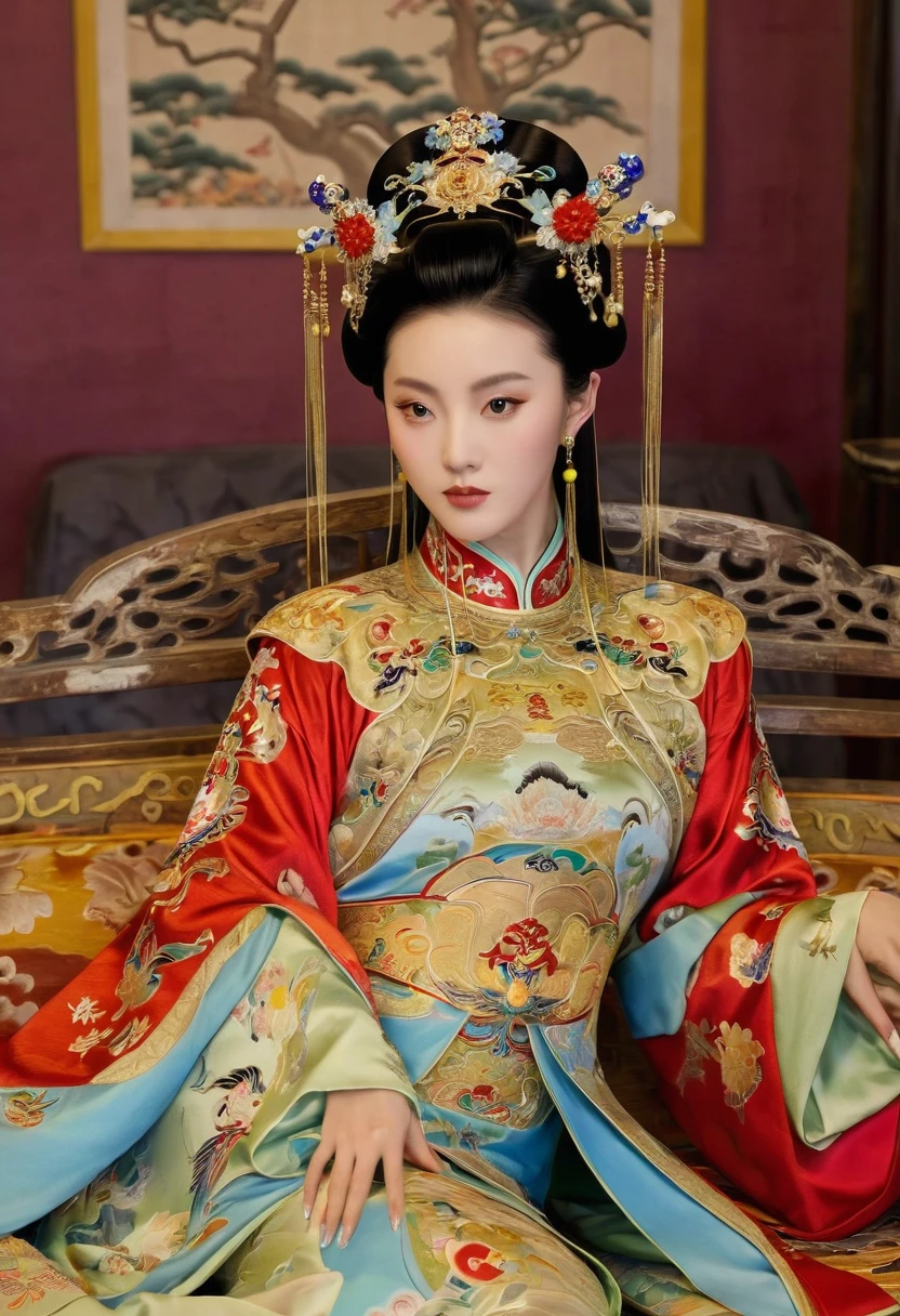 Gorgeous Empress of the Chinese Court during the Qing Dynasty Gorgeous Empress of the Chinese Court on a sofa, nude, large and golden, with her legs on the sofa, wide open, knees bent, in an M pose (pornographic pose), with her hair tied on both sides The background of this perverted and erotic woman wearing a crown and tying her hair is the Chinese court of the Qing Dynasty. The scene is set in the luxurious room of an empress in the Qing Dynasty Chinese court.
Translated with DeepL.com (free version)