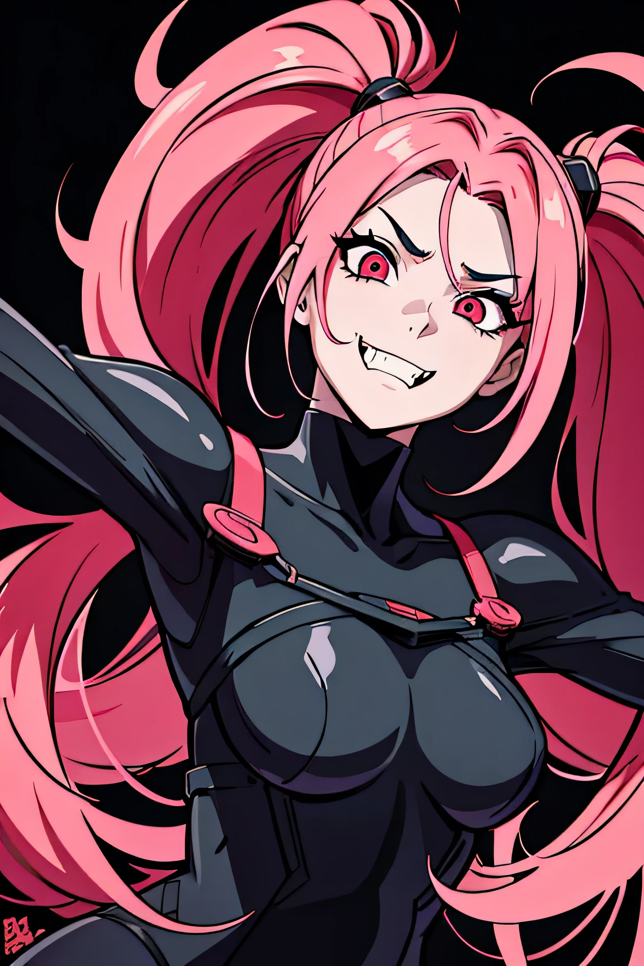 Anime-style illustration featuring a woman with long, vibrant pink hair styled in twin tails. The character has pale skin and large, black eyes with red pupils, giving a striking and somewhat eerie appearance. The character's mouth is open, revealing sharp, fang-like teeth, and there is a small amount of red coloring near the mouth. The background is dark, scary look, the character seems to be totally insane, The overall style is bold and dramatic, with strong lines and high contrast between light and dark areas. wearing an all-black military technological suit. The character is laughing madly, contorting while floating in the air, suspended meters from the ground. the character has a fairy-like appearance, he has vitiligo on his skin