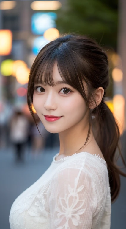 (masutepiece, Best Quality, Illustration, Ultra-detailed, finely detail, hight resolution, 8K Wallpaper, Perfect dynamic composition, Beautiful detailed eyes, Women's Fashion Summer,Ponytail hair, Medium breasts, natural color lip, Bold sexy poses,Smile,Harajuku、20 years girl、Cute、Sexy shot looking at camera, bokeh, night, SFW)