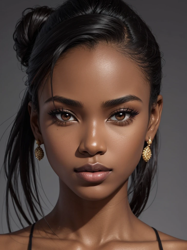 woman, face, model, close up, front, symmetry, african, dark skin, pinterest, makeup, glossy lips, sexy lips, hair bun, glossy skin, oily skin, grey background, UHD, masterpiece, accurate, anatomically correct, textured skin, super detail, high details, high quality, award winning, best quality, highres, HD, 16k