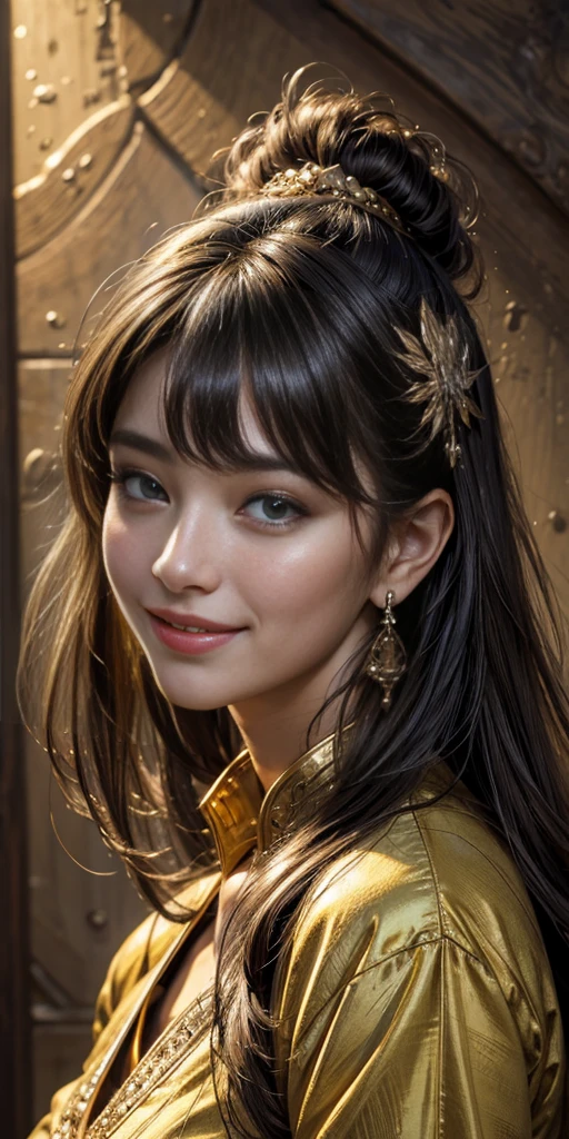 (master piece, top quality, High resolution), (hyper realistic:1.2)、detailed face、beautiful expression、shy smile、 (((women's armor))), (((Armor Dress Set))), (she has long black hair, cowboy shot、thin waist、navel、between legs、 bewitching、sexy mature woman、sexy、(dramatic pose)、(change pose)、(dynamic angle)、 top view、urban ruins、 background details、 (((whole body)), From above, solo、