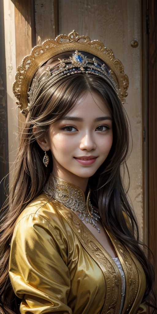 (master piece, top quality, High resolution), (hyper realistic:1.2)、detailed face、beautiful expression、shy smile、 (((women's armor))), (((Armor Dress Set))), (she has long black hair, cowboy shot、thin waist、navel、between legs、 bewitching、sexy mature woman、sexy、(dramatic pose)、(change pose)、(dynamic angle)、 top view、urban ruins、 background details、 (((whole body)), From above, solo、