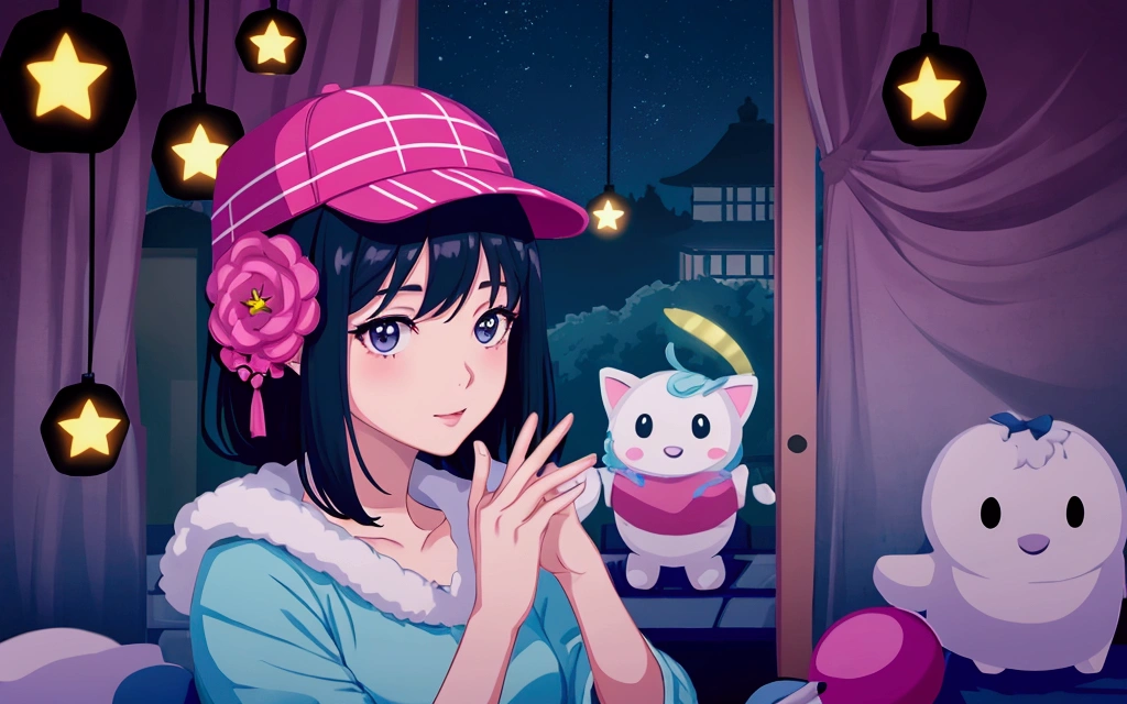Create a scene of a 16-year-old shy girl playing at an arcade,A lonely look,citypop, Short black hair,Wearing a baseball cap , and through the window you can see fireflies and a beautiful landscape full of stars 夜に, Characters with detailed faces, hands and hair,Illustration Style、Ukiyo-e、((girl))、Tokyo、Soft Touch、((Modern))、winter、High resolution, samba, Latina,Rainy night,Tokyo、CUTE