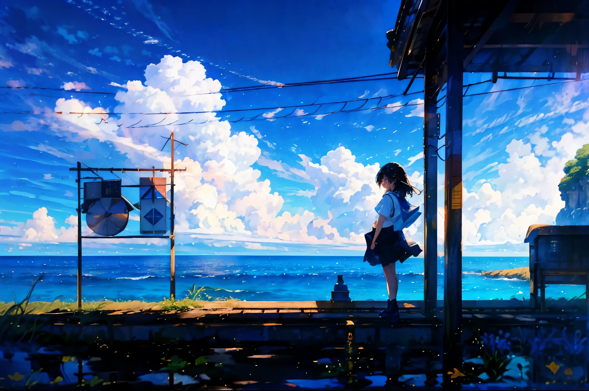 (Mastepiece), (Best Quality), Very detailed, (1 girl:1.5), (Full body solo shot:1.4), Perfect Face, beautiful girl, Very detailedな顔,(Black medium hair:1.5),(blue eyes:1.4),(Short sleeve white shirt:1.4)、(High school girls:1.4)、youth、bird、sunlight、(Ocean、Station platform:1.4)、(train、line:1.5)、(Summer in the countryside、cumulonimbus、blue sky:1.4)、mysterious、Fantasy、beautiful、Beautiful Landscape