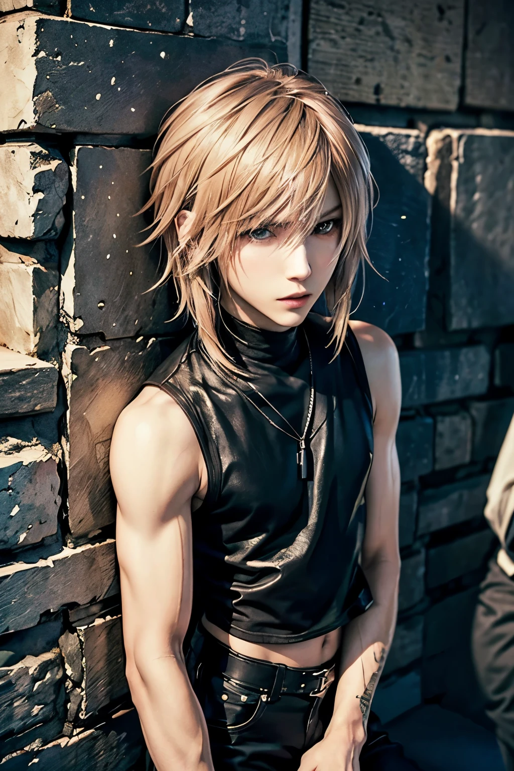 A man who looks like a Japanese rock singer, wearing a black shirt and pants and leaning against a wall. Cool, handsome, good-looking man, short-haired blonde man, young and cool, good-looking man, cool rock singer, androgynous male rock singer, androgynous man, androgynous with well-defined facial features, a man who looks like he could be in an anime, realistic anime, hyper realistic final fantasy style man