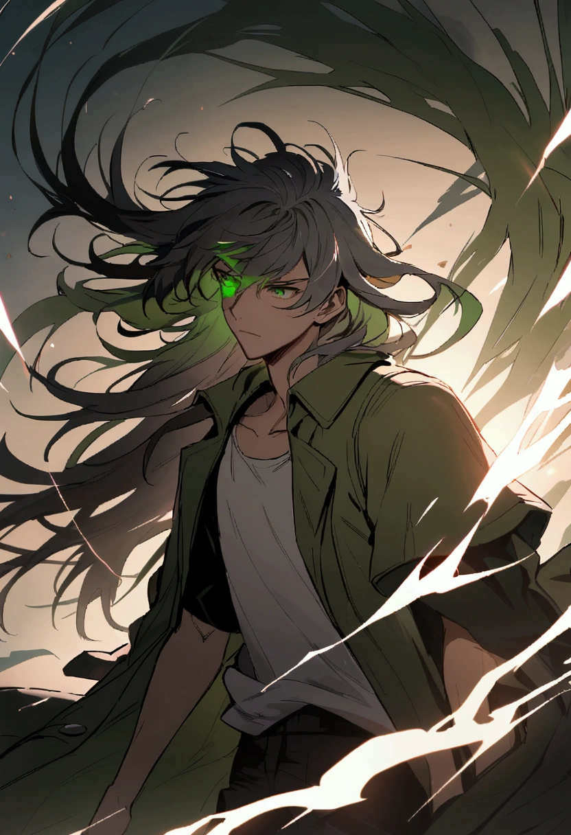 teenage boy, spiky hair, long hair, multicolored red and gray hair, greeneyes, face neutral, green tattoos on the body, ripped casual white shirt, loose dark green short-sleeved overcoat, wind aura