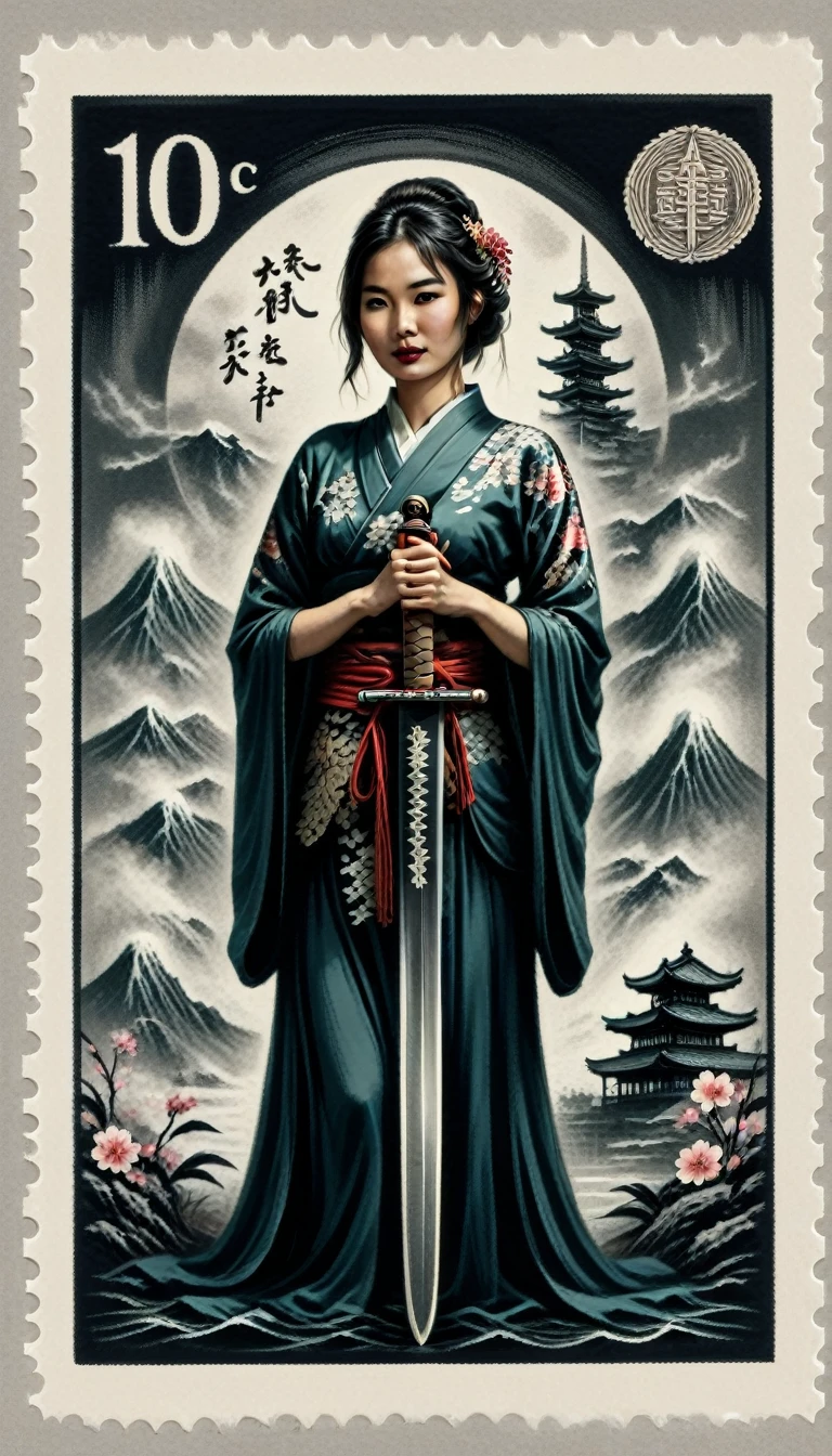 stamp , fillagree, realistic, pretty, lovely,landscap art retro, Japanese warior woman, Japanese sword, old vintage stamp, ink punk,dinamic,ink art , comic book, cartoon,colors, sketch, tiny detailed, masterpiece, artstation trends, sharp focus, ,bold high quality, intricate details,vector style for t-shirt,ultra detailed, high resolution,chan-wong,more detail XL