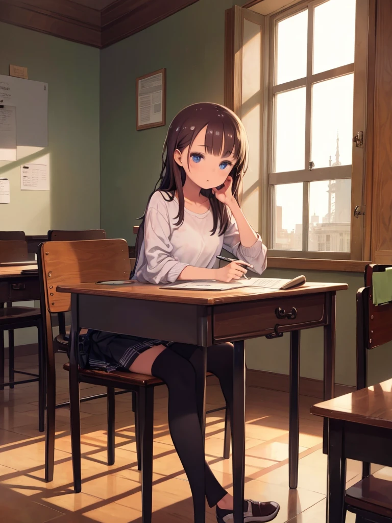 Highest quality, masterpiece, sit in a classroom and take an exam, I am frantically writing with my pen