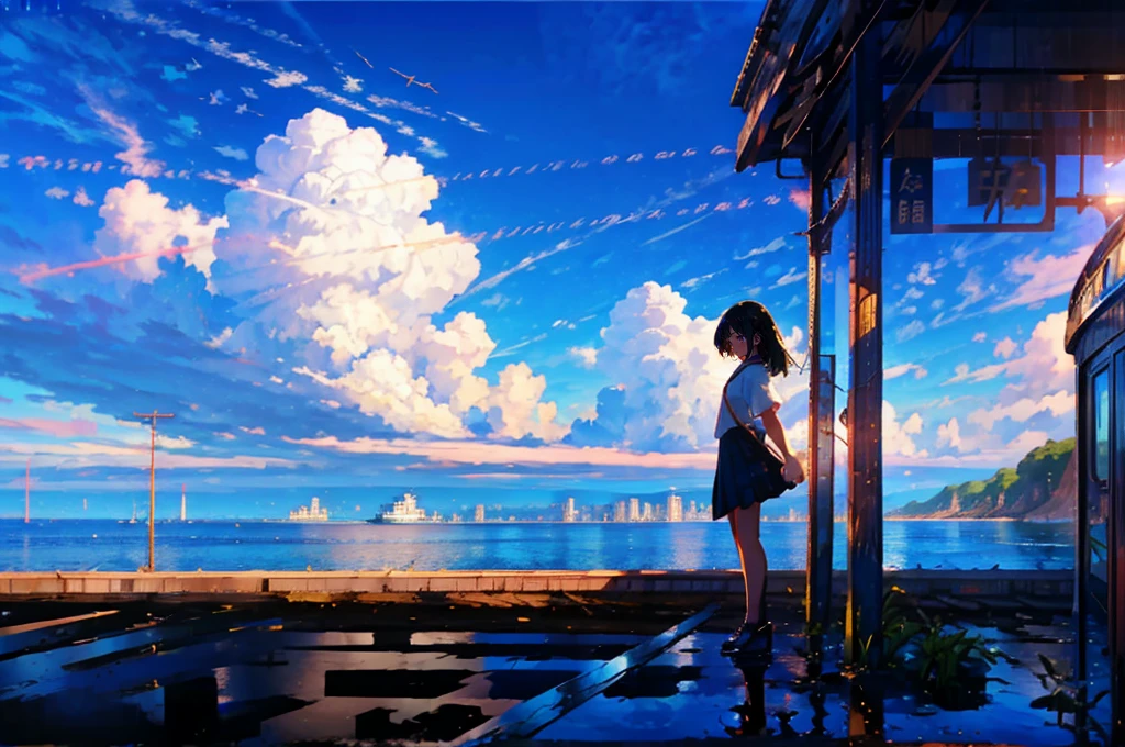 (Mastepiece), (Best Quality), Very detailed, (1 girl:1.5), (Full body solo shot:1.4), Perfect Face, beautiful girl, Very detailedな顔,(Black medium hair:1.5),(blue eyes:1.4),(Short sleeve white shirt:1.4)、(High school girls:1.4)、youth、bird、sunlight、(Ocean、Station platform:1.4)、(train、line:1.5)、(Summer in the countryside、cumulonimbus、blue sky:1.4)、mysterious、Fantasy、beautiful、Beautiful Landscape