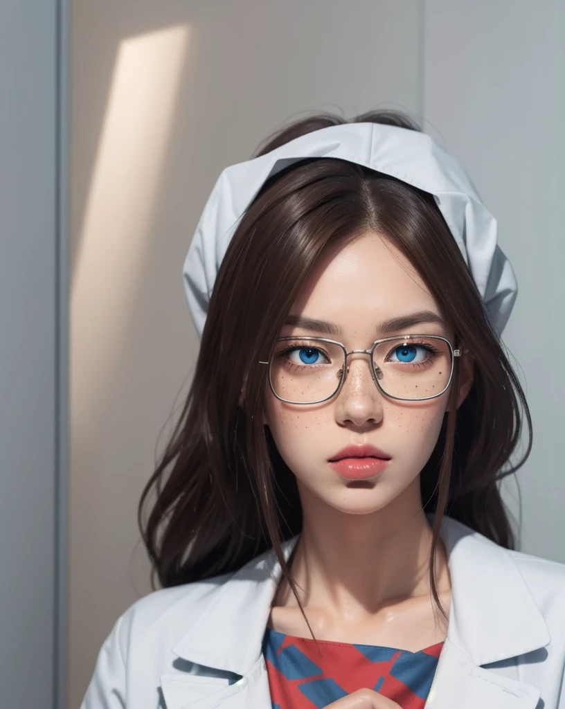 1 girl, android 21, dragon ball fighter Z, masterpiece, 4k, realistic, long whavy brown hair, shining blue eyes, freckles, square glasses, labcoat, chess patterned dress, blue and red patterned dress, worried eyes, annoyed, finger on mouth, shushing viewer, in a corner of a apartment, bright colors, close up, face focus.