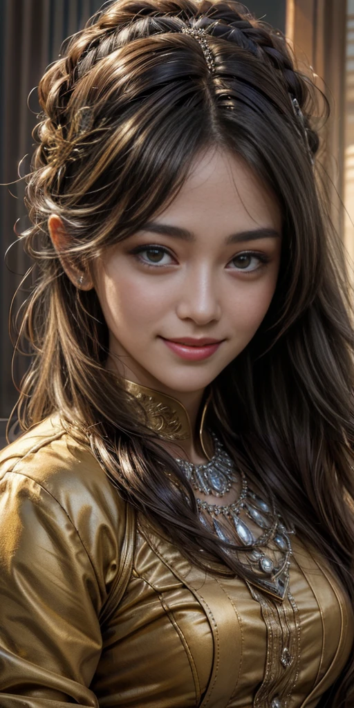 (master piece, top quality, High resolution), (hyper realistic:1.2)、detailed face、beautiful expression、shy smile、 (((women's armor))), (((Armor Dress Set))), (she has long black hair, cowboy shot、thin waist、navel、between legs、 bewitching、sexy mature woman、sexy、(dramatic pose)、(change pose)、(dynamic angle)、 top view、urban ruins、 background details、 (((whole body)), From above, solo、