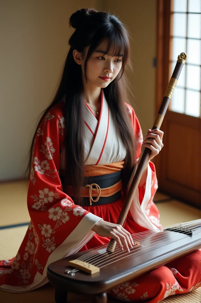 A 24-year-old woman playing traditional Japanese instruments. She has long, dark hair and is wearing a beautiful kimono. She is sitting gracefully with a koto in front of her, a shakuhachi beside her, and a shamisen resting nearby. The setting is serene, possibly a traditional Japanese room with tatami mats and shoji screens, evoking a sense of tranquility and cultural heritage.