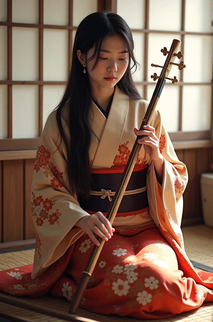 A 24-year-old woman playing traditional Japanese instruments. She has long, dark hair and is wearing a beautiful kimono. She is sitting gracefully with a koto in front of her, a shakuhachi beside her, and a shamisen resting nearby. The setting is serene, possibly a traditional Japanese room with tatami mats and shoji screens, evoking a sense of tranquility and cultural heritage.