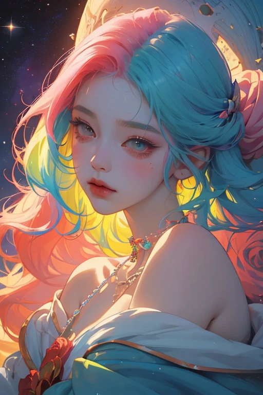 Close-up of a woman with colorful hair and necklace, Anime girl with space-like hair, The gentle vitality of rose roses, Goubes-inspired artwork, Fantasy art style, colorful], Vivid fantasy style, Ross draws vibrant cartoons, cosmic and colorful, Gwaiz, colorful digital fantasy art, Great art style, Beautiful anime style, White skin, subtle