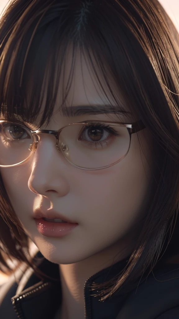 Close-up of a person wearing glasses and a jacket, Photorealistic Animation girl render, 3D Anime Real, 2b, 2b ..., Ultra realistic anime, Anime CG style, Realistic Anime 3D Style, Smooth anime CG art, Anime CG, Photorealistic Animation, 8K Portrait Rendering, Anime realism style, Game CG, Stop 4 *
