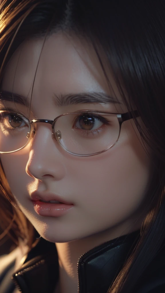 Close-up of a person wearing glasses and a jacket, Photorealistic Animation girl render, 3D Anime Real, 2b, 2b ..., Ultra realistic anime, Anime CG style, Realistic Anime 3D Style, Smooth anime CG art, Anime CG, Photorealistic Animation, 8K Portrait Rendering, Anime realism style, Game CG, Stop 4 *