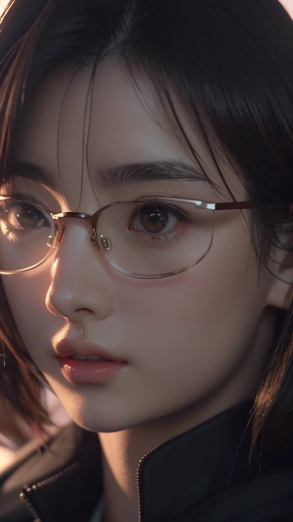 Close-up of a person wearing glasses and a jacket, Photorealistic Animation girl render, 3D Anime Real, 2b, 2b ..., Ultra realistic anime, Anime CG style, Realistic Anime 3D Style, Smooth anime CG art, Anime CG, Photorealistic Animation, 8K Portrait Rendering, Anime realism style, Game CG, Stop 4 *