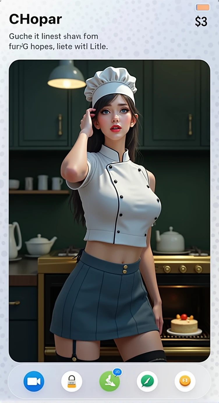 A tall and beautiful mature woman,Expression confidence, showing her thighs and shoulders, busty figure, Big breasts, A ball head, wearing apron, a human wife, In a kitchen, Kneeling on the ground.