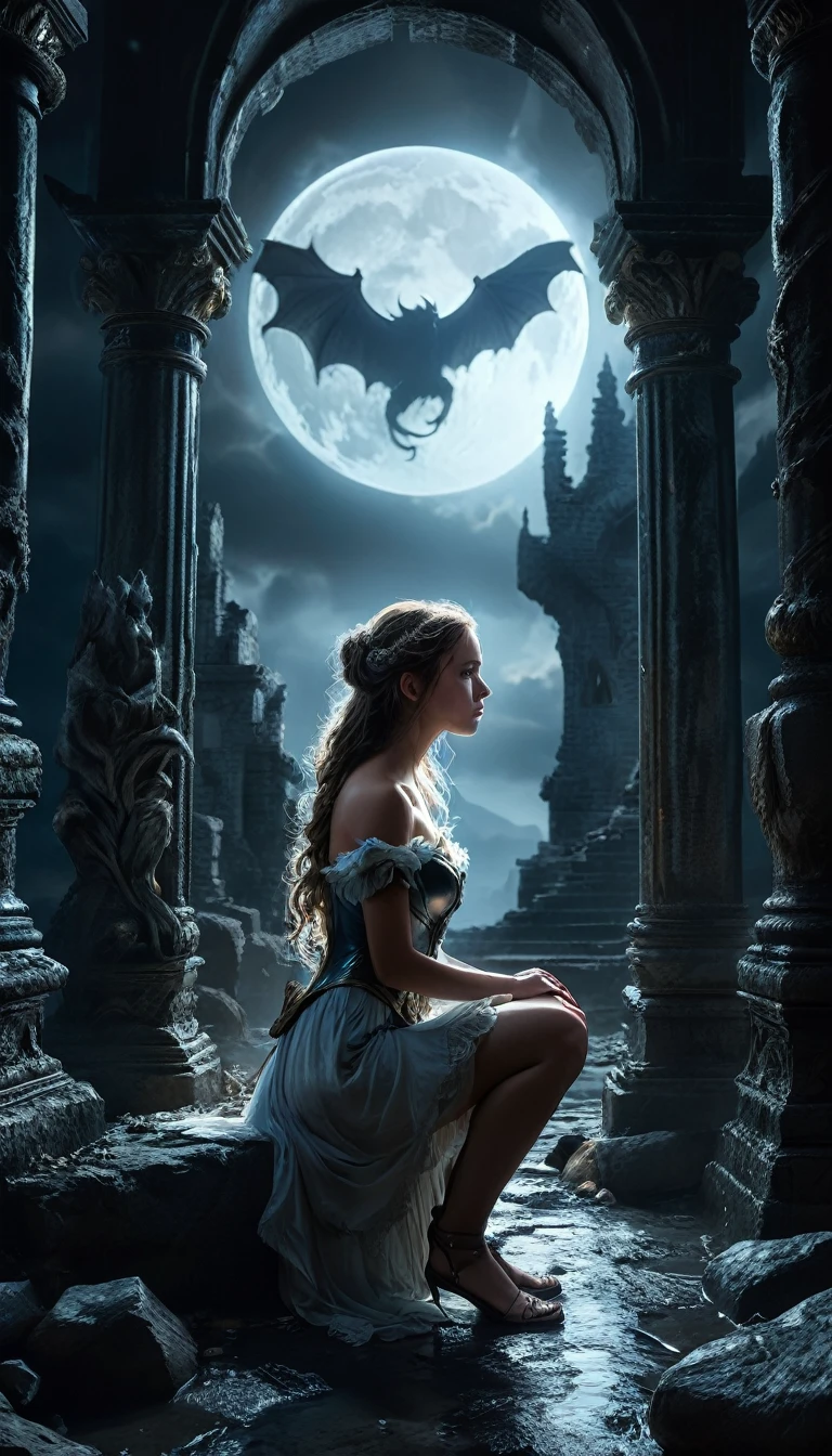 a beautiful young woman in a dark fantasy landscape, kneeling in front of a demonic monster, moonlight shining in the background, ruins and dark environment, (best quality,4k,8k,highres,masterpiece:1.2),ultra-detailed,(realistic,photorealistic,photo-realistic:1.37),dark fantasy,moonlight confession,beauty and the beast,woman kneeling before beast,big moon in background,horror,immersive ruins background,dark,dramatic lighting,chiaroscuro,cinematic composition,intricate details,dramatic shadows,moody atmosphere