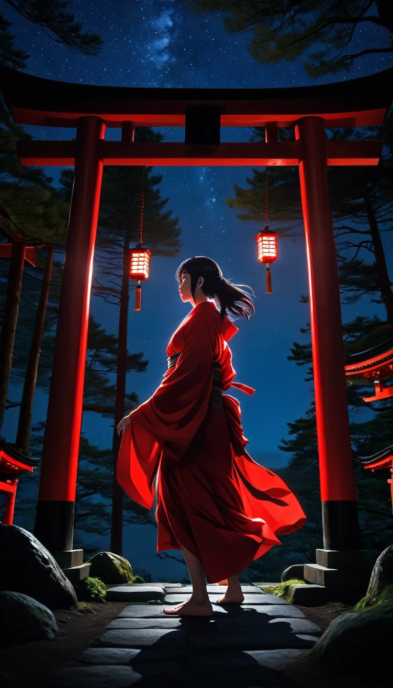 Dark aura,  Dynamic Angle, 8k, red, High resolution, Hiding in the shadows, At a Japanese shrine at night, Beautiful night sky, Forest in the background, Outdoor, whole body, detailed, Action pose, Dynamic Angle