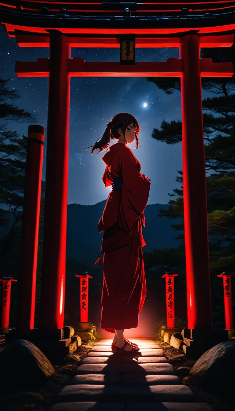 Dark aura,  Dynamic Angle, 8k, red, High resolution, Hiding in the shadows, At a Japanese shrine at night, Beautiful night sky, Forest in the background, Outdoor, whole body, detailed, Action pose, Dynamic Angle