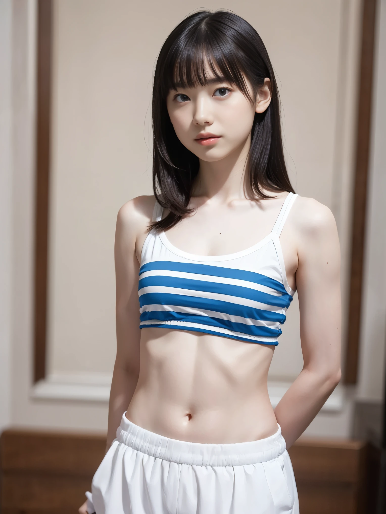 High resolution、High resolution、In 8K、RAW Photos、Highest quality、masterpiece、One teenage girl, (flat chest like a boy:1.2), ((Skinny body:1.2)),  Wavy Hair, nude, Anatomically correct,bangs,White cotton shorts and tank top, Anatomically correct, Striped knee socks