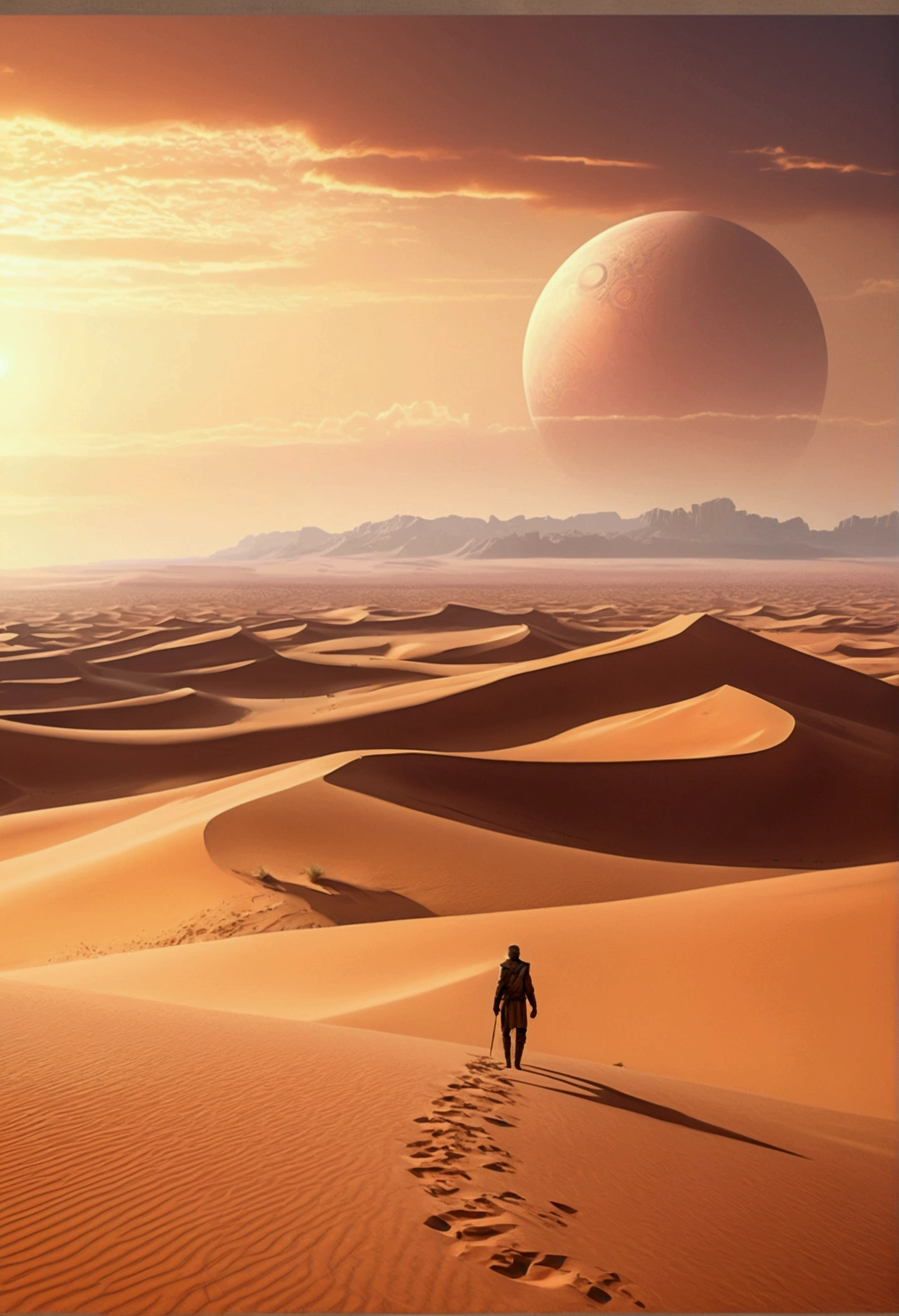 a detailed illustration of a desert landscape on the planet Arrakis from the Dune universe, sand dunes, twin suns in the sky, a lone figure walking across the vast expanse, detailed futuristic architecture in the distance, cinematic lighting, muted color palette, dramatic shadows, highly detailed, 8k, photorealistic, concept art style