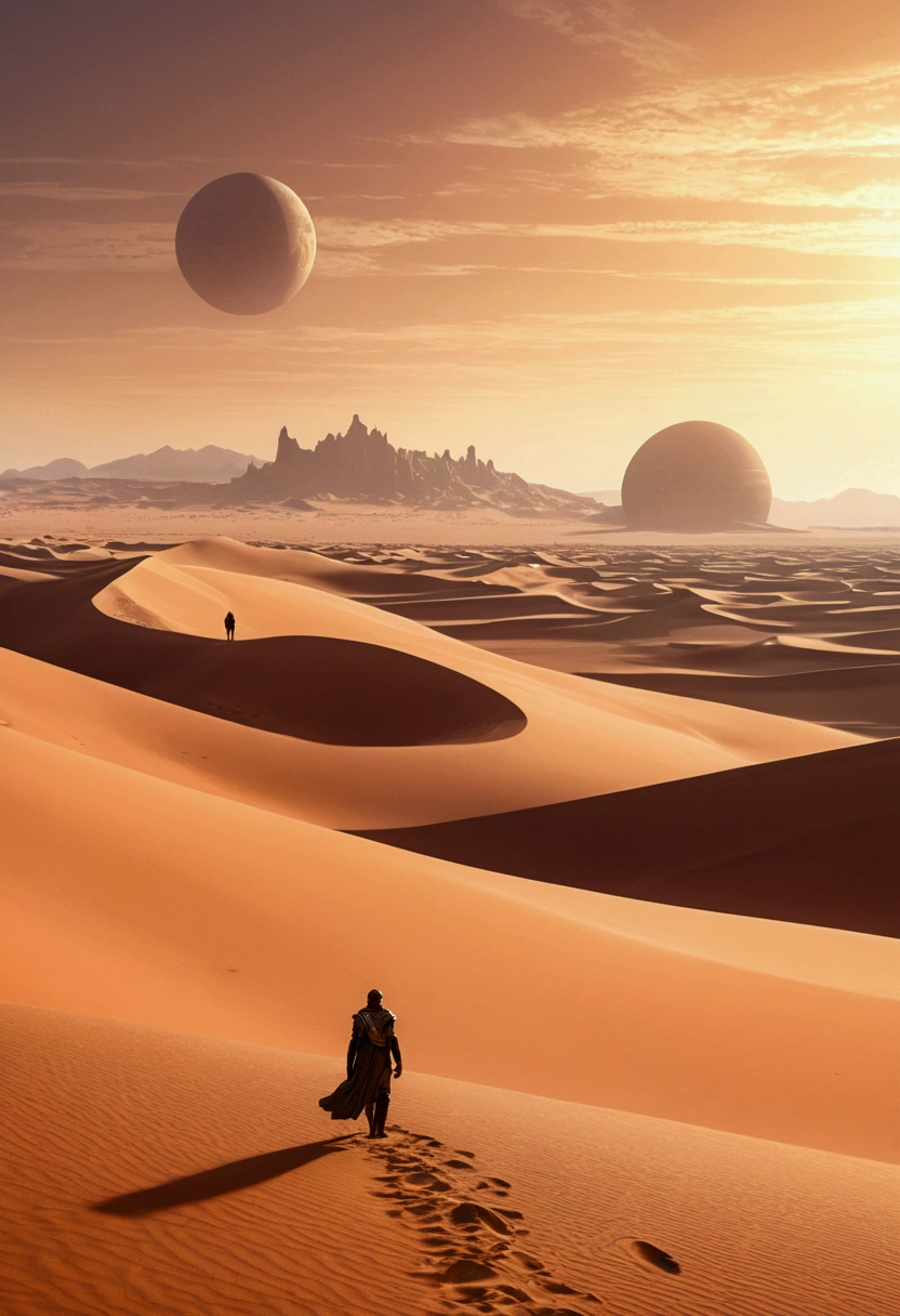 a detailed illustration of a desert landscape on the planet Arrakis from the Dune universe, sand dunes, twin suns in the sky, a lone figure walking across the vast expanse, detailed futuristic architecture in the distance, cinematic lighting, muted color palette, dramatic shadows, highly detailed, 8k, photorealistic, concept art style