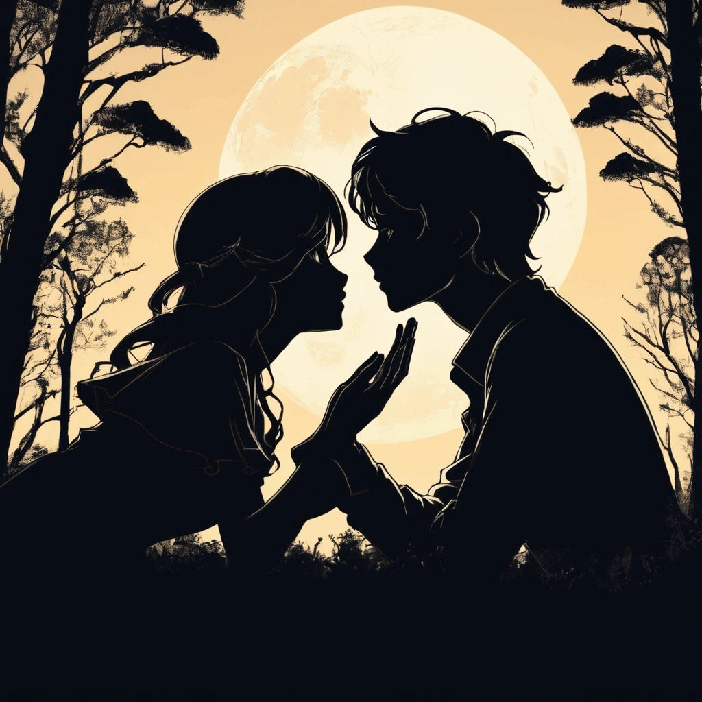 1girl, 1boy, face to face, hill, forest, moon, night, silhouette, interlocked fingers, betterhand