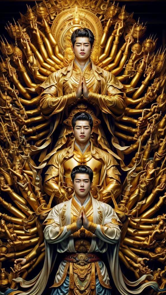 disconsolate，Ambient，artistic conception，large scene，The wind blew up the white curtains，Dattain lamps，Diffuse light，chest muscle，Shirtless, stubbles, Sideburns, musculature, Strong handsome korean  guy， a golden statue of handsome men god , multiple hands holding some weapons, , Hanfu，Golden blue、Jing Qing Moqing、jackson wang, Plain cherry blue，Junyi，Dignified atmosphere，Temperament，Short hair, Flat-headed beautiful man，The light is gentle，The scene comes to life