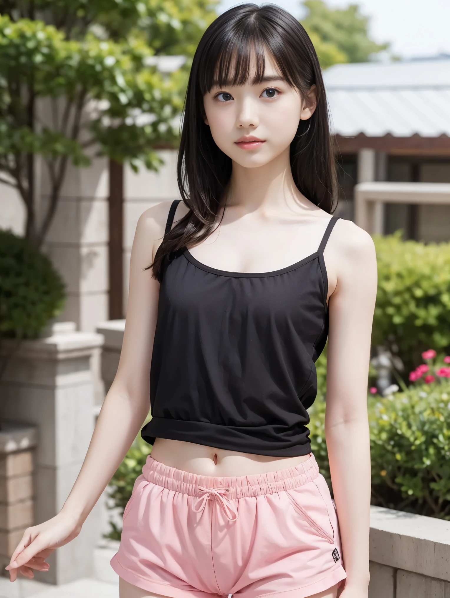 high quality, ​realistic masterpiece, tween girl, small skinny girl, long legs, Wearing cute crop top outfit, skirt or shorts, skinny athletic body, innocent, playful seductive smile, Famous actresses of Japan, cute girl, jumping, walking away from camera