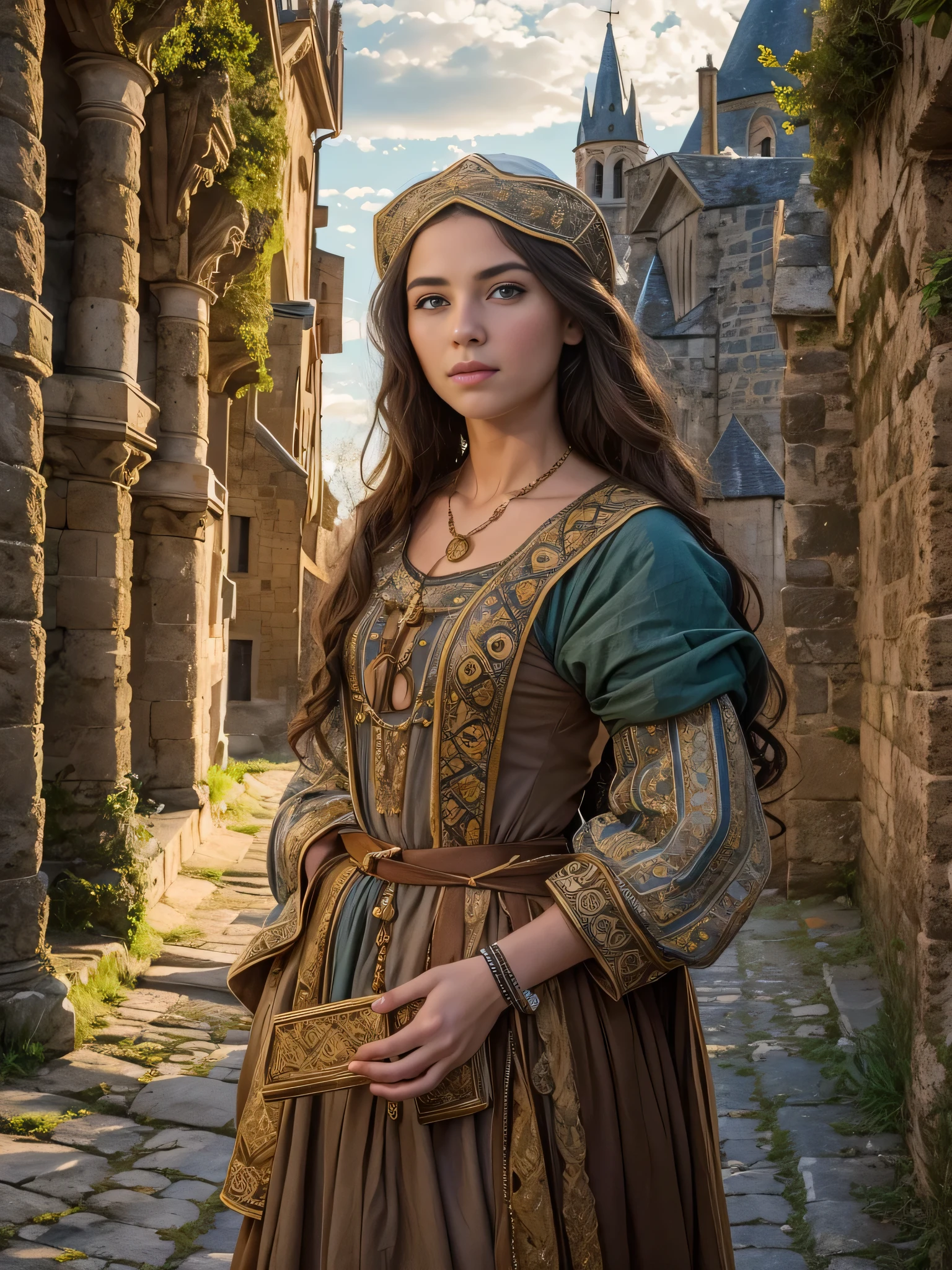 work of art, around 1460 AD, in the morning light, a young French noblewoman from the Middle Ages walks softly through the cobblestone streets of Mont Saint Michel. Dressed in the simple attire of a pilgrim, She moves forward with a mix of humility and purpose. Your gaze rises towards the imposing Gothic church, its towers bathed in the golden rays of dawn. The sun's embrace seems to bless the abbey, casting a divine aura of protection over its ancient stones. Ao redor dela, the air vibrates with a palpable sense of strength and devotion, reflecting her own spiritual journey as she approaches the sanctuary, seeking comfort and guidance, beautiful face, high-detailed face, thin face, ultra realistic face, ultra detailed eyes, chestnut hair, blue colored eyes,16K, ultra high resolution.photorrealistic, ultra HD, CRU, dslr
