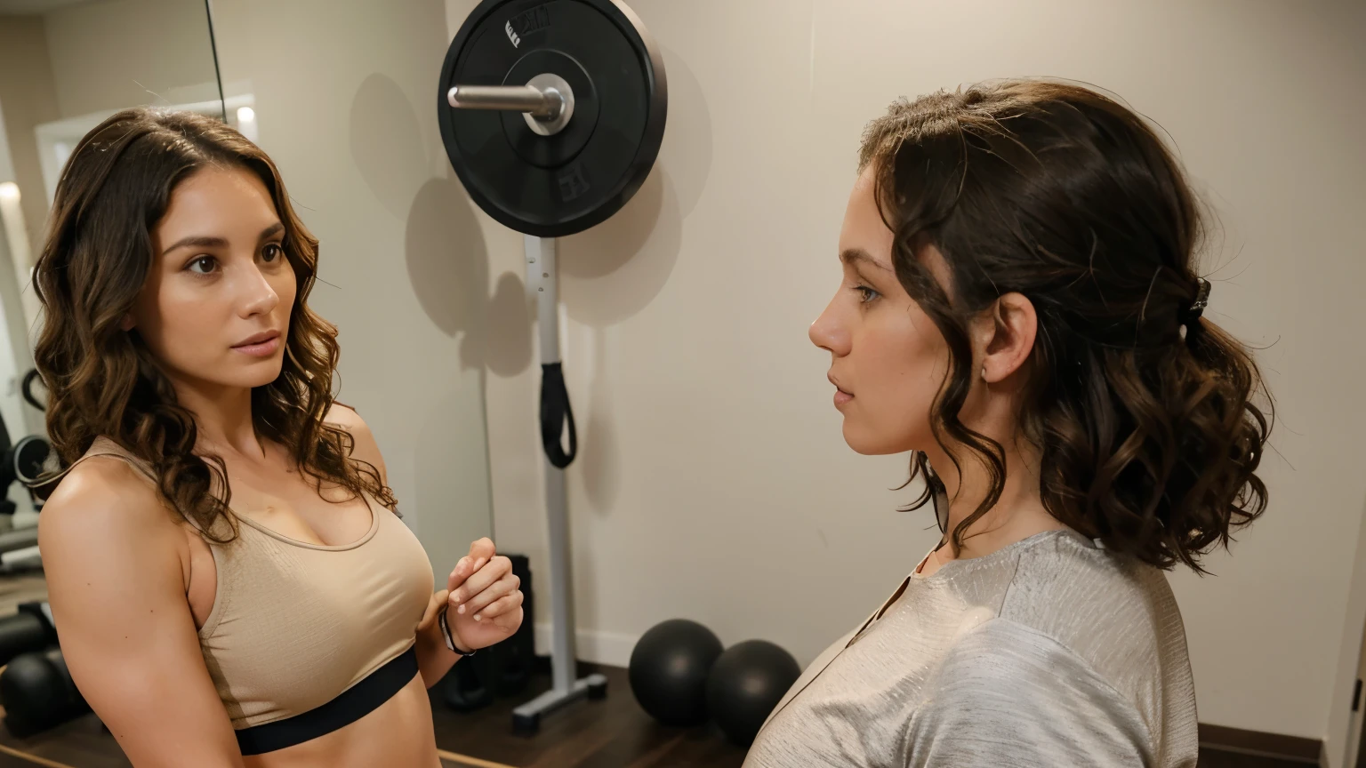 A 35-year-old woman with curly brunette hair, dressed in elegant beige sportswear, interacting with a personal trainer in a stylish gym. They are discussing her personalized workout plan, showcasing a customized and attentive approach. A professional photoshoot highlighting the tailored fitness experience.