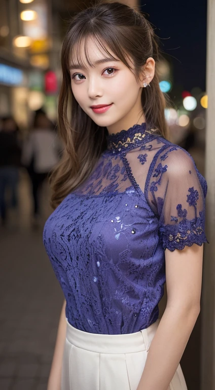 (masutepiece, Best Quality, Illustration, Ultra-detailed, finely detail, hight resolution, 8K Wallpaper, Perfect dynamic composition, Beautiful detailed eyes, Women's Fashion Summer,Ponytail hair, Medium breasts, natural color lip, Bold sexy poses,Smile,Harajuku、20 years girl、Cute、Sexy shot looking at camera, bokeh, night, SFW)