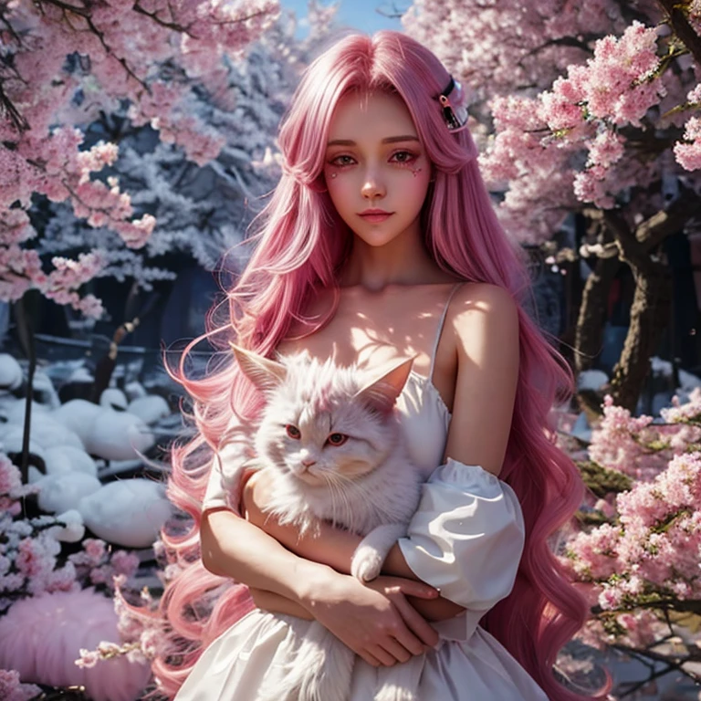 Anime girl with long pink hair holding a white rabbit, cute anime waifu in a beautiful dress, anime art wallpaper 8k, anime wallpaper, anime style 4k, anime art wallpaper 4k, Anime Art Wallpaper 4k, beautiful anime style, beautiful anime girl, Anime girl with long hair, Very beautiful anime cat girl, Cute anime girl, Anime wallpaper 4k